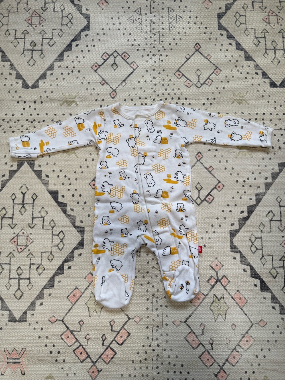 Magnetic Me White One-Piece with Mustard Bear & Honeycomb Print